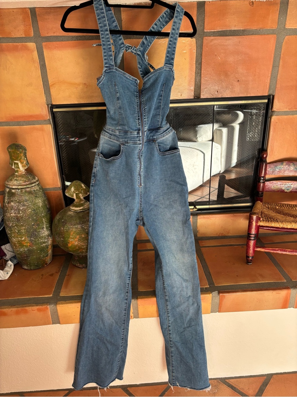 Free People We The Free CRVY Blue Denim backless jumpsuit - Picture 4 of 8